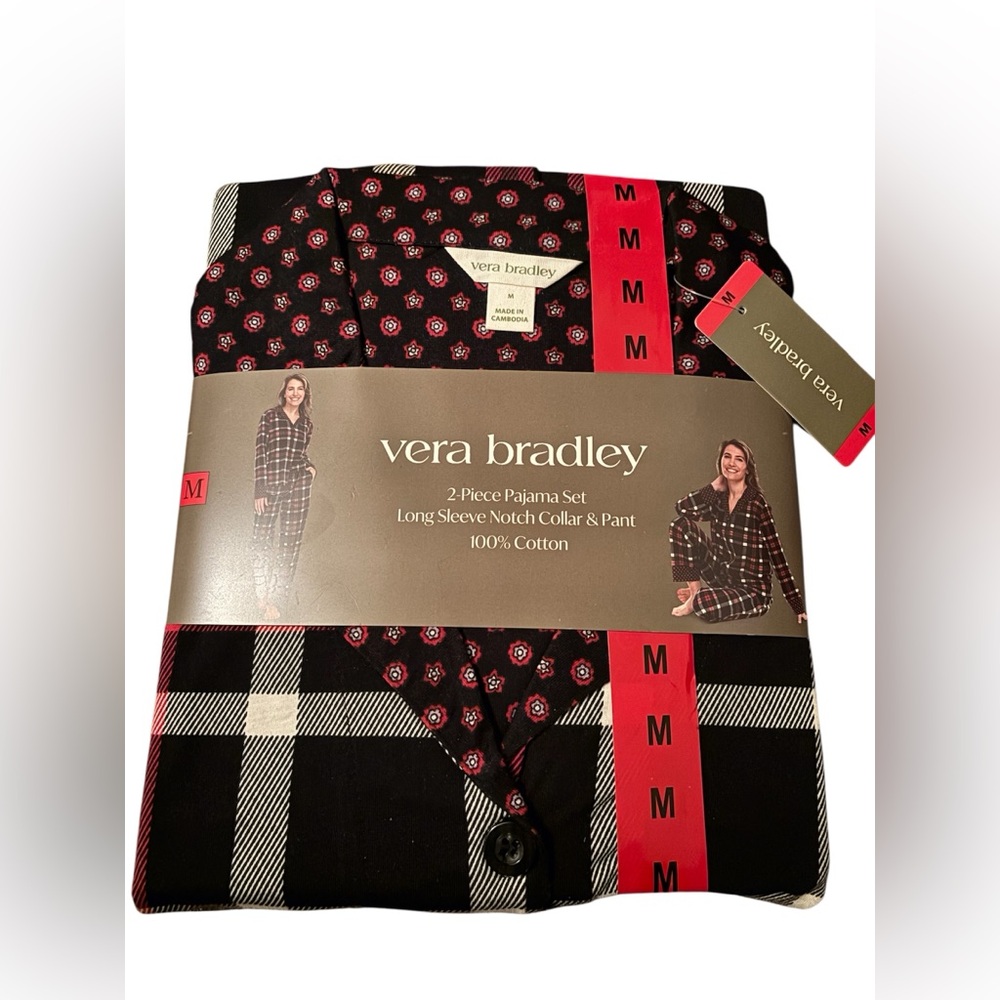 Vera Bradley Pajama Set Button Down Shirt/Pants Cotton Red Plaid